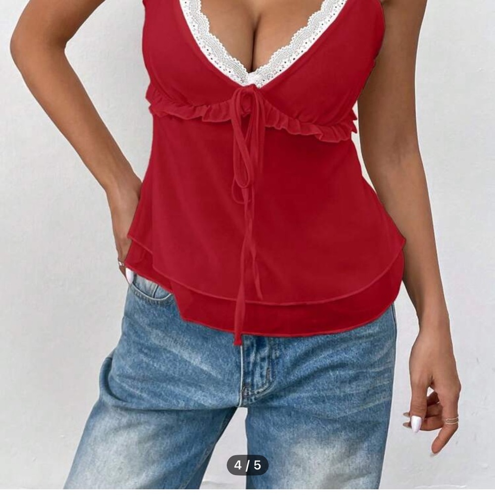 Red Lace Trim Women's Top